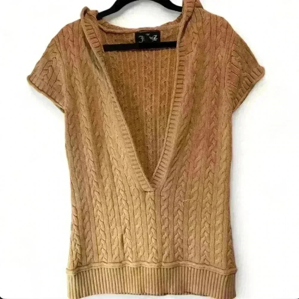 Vintage Jimmy Z Women's Brown Cable Knit Hooded Sweater Size Lg Short Sleeve